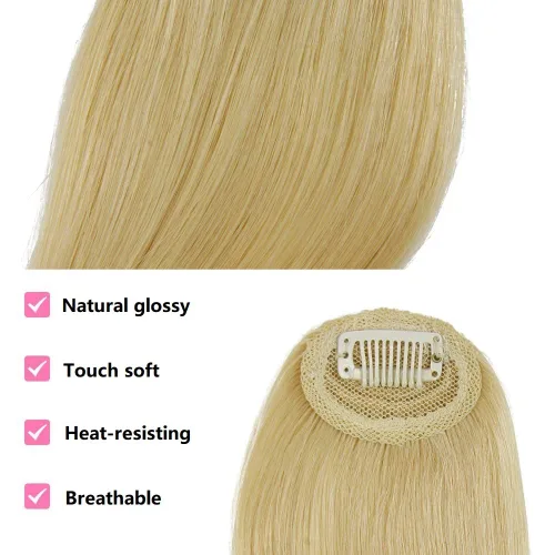 Vista 5 de Flequillo lateral con clip en cabello humano real natural con clip en flequillo lateral, extensiones de cabello lacio con flecos (rubio/613#)