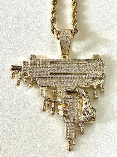Vista 6 de Shop-iGold Custom Drip Gun Hombres Mujeres 925 Italia Oro Acabado Iced Charm Ice Out Colgante Acero Inoxidable Real 0.118in Cadena de cuerda, Mans