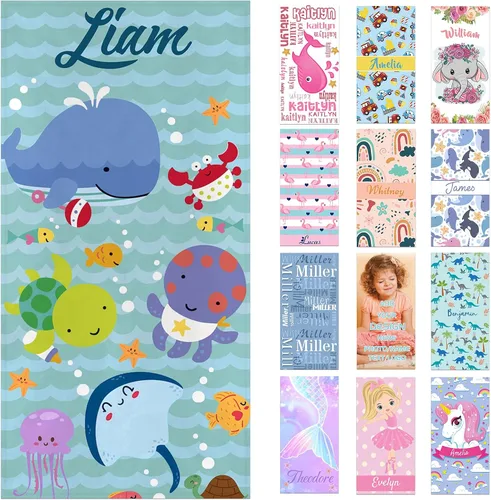 Vista 24 de Toallas de playa personalizadas para adultos y niños con nombres, toallas de playa personalizadas para hombres y mujeres, toalla de baño