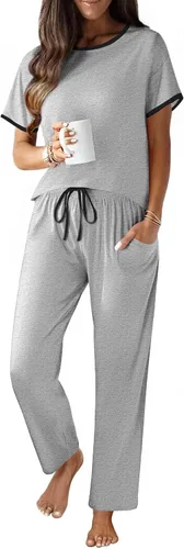 Vista 9 de Ekouaer - Conjunto de pijama de 100% algodón para mujer, manga corta, con pantalón largo, 2 piezas, juego de ropa para dormir con bolsillo
