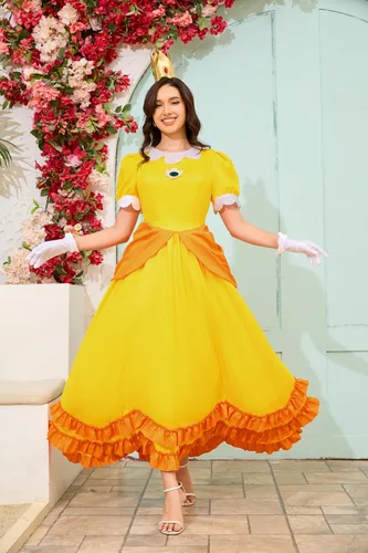 Vista 2 de PAINEOMN Vestido de princesa para mujer, disfraz de princesa de Halloween, cosplay, corona, aretes, guantes, traje de disfraz para adultos
