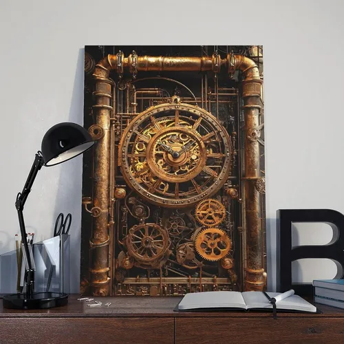 Vista 8 de ZMLIS Arte de pared con engranajes de reloj Steampunk, impresión mecánica victoriana de latón y cobre, póster industrial retro de ciencia ficción