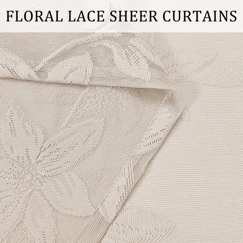 Vista 3 de DWCN Paquete de 2 cortinas traslúcidas pequeñas de encaje floral beige para cocina, cortinas traslúcidas ligeras con bolsillo para barra, cortinas
