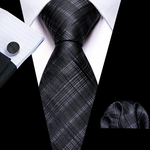 Vista 79 de Barry.Wang Juego de corbatas a cuadros para hombre con pañuelo gemelos de rayas clásicas