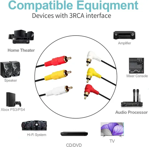 Vista 3 de Cable de audio/video RCA de ángulo recto de 90 grados, chapado en oro, 3 machos a 3 machos, cable compuesto A/V (15 pies/14.8 ft)