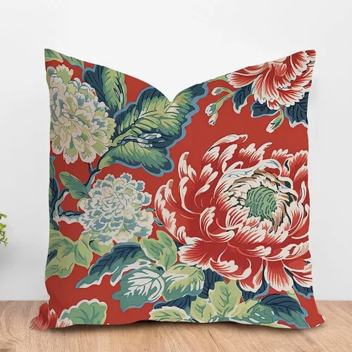 Vista 21 de ArogGeld Chinoiserie - Funda de cojín para sofá, diseño floral de peonía, color verde azulado, verde y rojo, diseño de peonía, diseño escénico