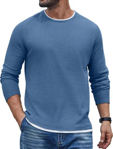 Vista 15 de COOFANDY Camisetas de manga larga para hombre, de algodón, con cuello redondo, con ribete de contraste Gris claro + ribete blanco