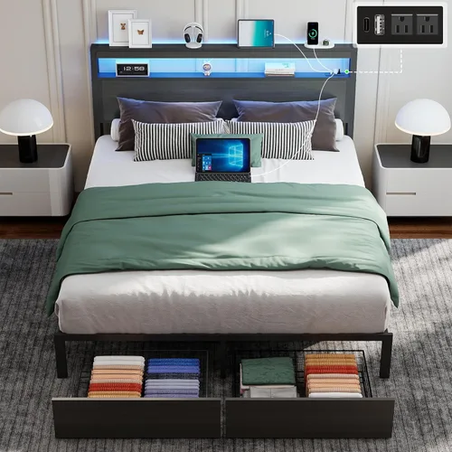 Vista 10 de SADENICEL Base de cama de tamaño matrimonial con almacenamiento, plataforma de cama de madera LED con cabecero, 2 cajones, estación de carga,