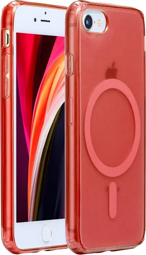 Vista 7 de Tigowos Funda magnética translúcida para iPhone 8 Plus con carga inalámbrica MagSafe anti-amarilla, antihuellas, a prueba de golpes, funda Rojo