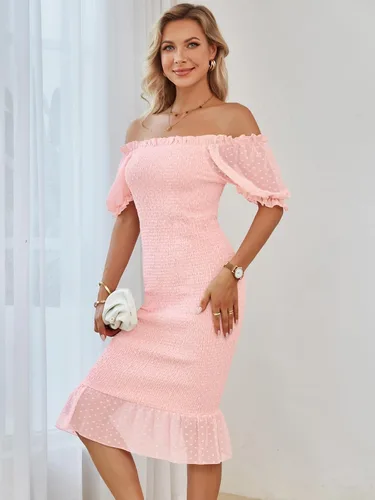 Vista 5 de SENFURE Vestido de verano para mujer, estilo casual, por debajo de la rodilla, fruncido, manga abombada, cuello cuadrado, volantes, vestido