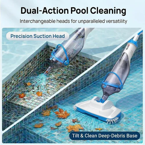 Vista 5 de Consciot Aspiradora de piscina para piscina sobre el suelo y piscina enterrada, limpiador de mano recargable con poste telescópico, succión de 18.5
