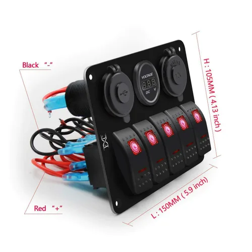 Vista 6 de FXC Interruptor basculante de 5 bandas con doble ranura USB de 5 V 3.1 A + medidor de voltios + encendedor de cigarrillos para lanchas marinas