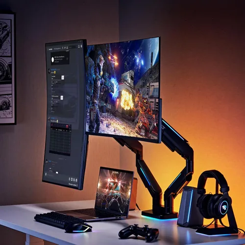 Vista 3 de AVLT RGB Lights Dual 17"-43" Gaming Monitor Arm Soporte de escritorio, se adapta a dos pantallas planas/curvas/ultraanchas de hasta 44 libras