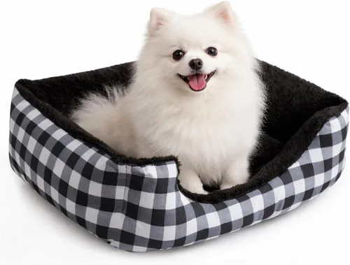 Vista 2 de Hollypet Cama Rectangular de Felpa para Perros y Gatos Autocalentable, Negra con Cuadros A cuandros negros