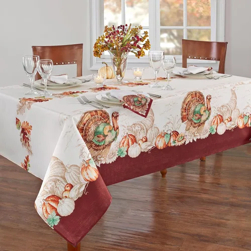 Vista 2 de Elrene Home Fashions Mantel de otoño con bordes de pavo y resistente a arrugas, cubierta para mesa de temporada, 152 x 213 cm, rectangular