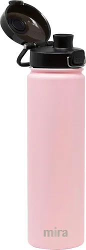 Vista 2 de MIRA - Botella de agua de acero inoxidable con tapa y popote sin BPA; cuenta con aislamiento al vacío que mantiene el frío durante 24 horas