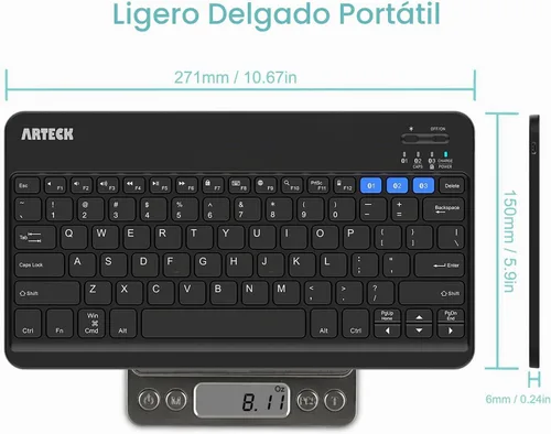 Vista 5 de Arteck HB220B Universal Retroiluminado 7 colores y brillo ajustable Multi-dispositivo delgado portátil inalámbrico Bluetooth 3.0 teclado para iOS