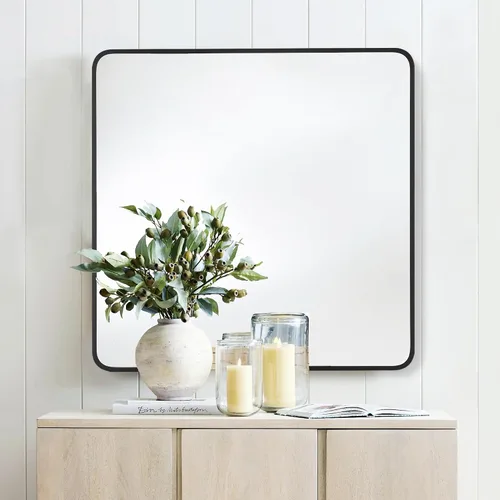 Vista 6 de Espejo rectangular de baño de 30 x 30 pulgadas con marco de metal negro, espejo rectangular de esquina redondeada para pared, moderno y grande