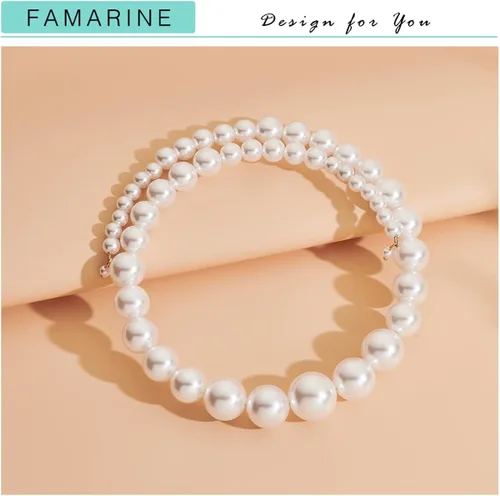 Vista 7 de FAMARINE Gargantilla de perlas, pulsera de perlas, collar simple para boda, Latón, No es una piedra preciosa