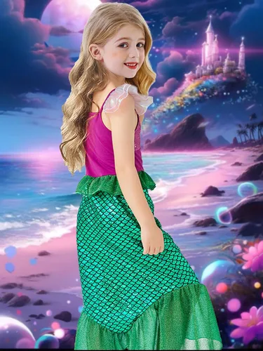 Vista 3 de Eledobby Ariel Costume for Girls Little Mermaid Dress Halloween Outfit Princess Mermaids Dress Up Birthday Party Clothes