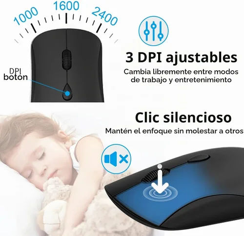 Vista 3 de Combo de teclado y ratón inalámbricos, teclado silencioso de computadora de tamaño completo con botón de calculadora, ratón de 2400 DPI, clic