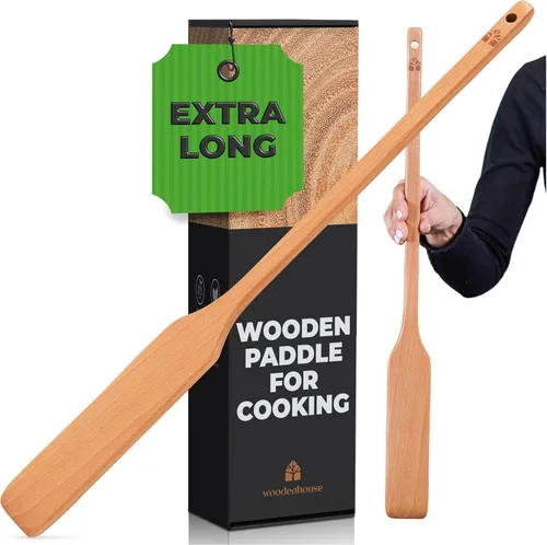 Vista 9 de Cucharón de madera largo de 17.5” – Paleta para cangrejos, espátula de madera para cocinar – Cucharón de madera de haya de mango largo para cocina