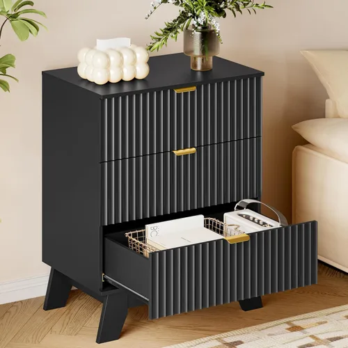 Vista 4 de BORNOON Cómoda con 3 cajones acanalados, cómoda de madera moderna y compacta de 30.3" de altura estilo Boho, gabinete de almacenamiento