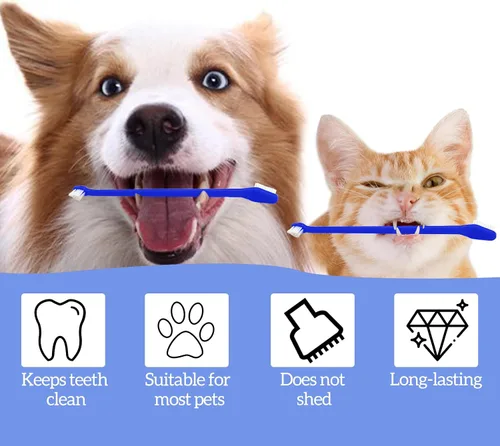 Vista 5 de 100 cepillos de dientes para perros de doble cabeza, kit de cepillado de dientes de cachorro de mango largo, cepillos dentales suaves para mascotas