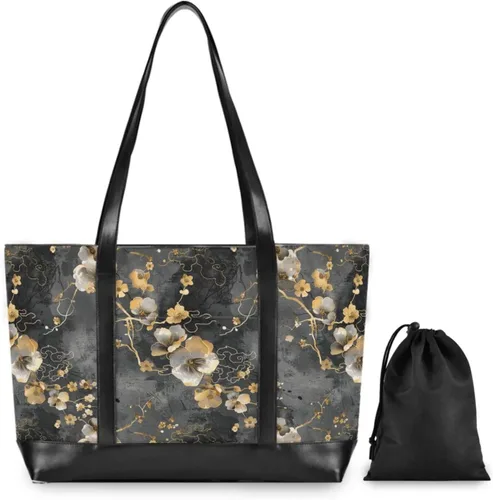 Vista 2 de Fondo gris y negro con flores doradas on It bolso de hombro para portátil de moda con cremallera bolsa de 14 pulgadas para viajes piscina natación