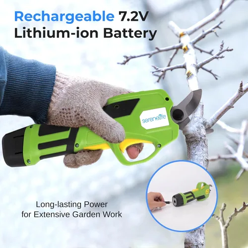 Vista 3 de SereneLife Tijera de podar eléctrica inalámbrica, batería de litio de 7.2 V, mango telescópico, capacidad de corte de 3/4 pulgadas, interruptor