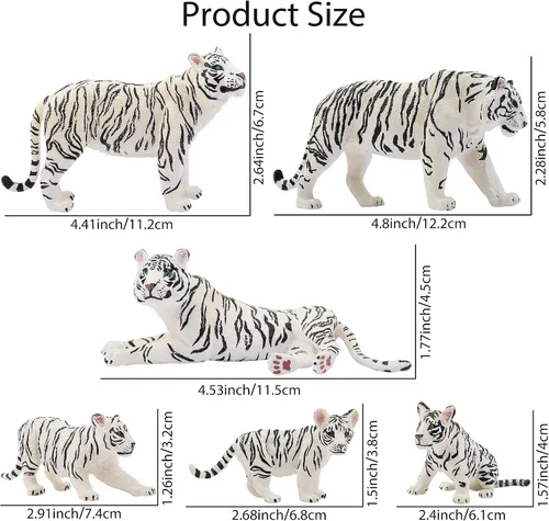 Vista 2 de Toymany 6 figuras realistas de tigres blancos con cachorros de tigre, figuras familiares de animales de la selva de 2 a 6 pulgadas, incluye tigres