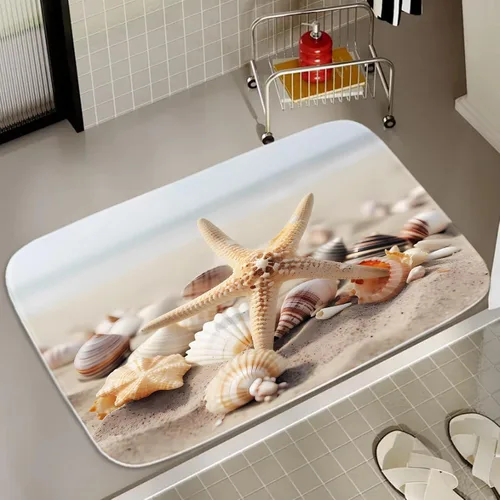 Vista 25 de Alfombra de baño de terciopelo coral con diseño náutico de tortugas marinas, animales de playa, tapete de ducha antideslizante para baño de océano