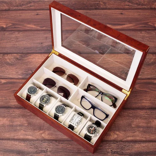 Vista 4 de Tech Swiss Valet - Bolígrafos de madera para gafas, relojes de joyería, 5 compartimentos extra grandes (Burlwood)