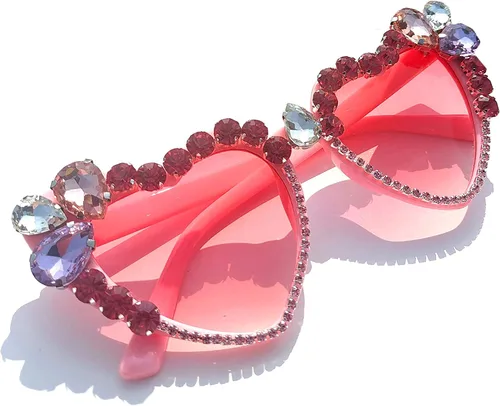 Vista 7 de willochra Gafas de sol con forma de corazón con diamantes de imitación para mujer, moda con diamantes de imitación, gafas de sol para fiesta