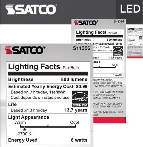 Vista 9 de Satco Bombilla LED A19 de 8 W, 2700 K, blanco suave, 800 lúmenes, base media E26, regulable, haz de 320 grados, accesorio cerrado nominal de 120 V