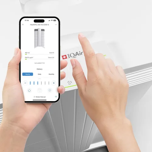 Vista 6 de IQAir HealthPro Plus XE - Purificador de aire con filtración HyperHEPA inteligente para habitaciones grandes de hasta 1125 pies cuadrados - Humo