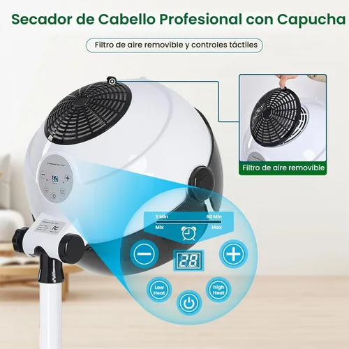 Vista 5 de Secador de pelo con capucha, secador de pelo vertical con capucha sobre ruedas, controles táctiles y tres temperaturas para elegir, secador vertical