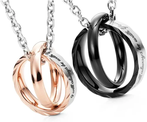 Vista 2 de Urban Jewelry Collar con colgante de doble anillo grabado para parejas para él y para ella