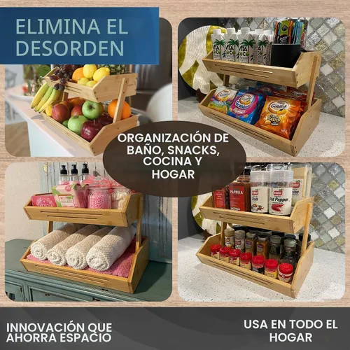 Vista 4 de Cesta de frutas de bambú de 2 niveles para encimera de cocina con ganchos para colgar plátanos, soporte de fruta de madera para encimera de cocina