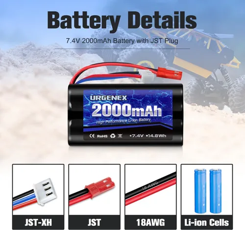 Vista 3 de Batería de iones de litio de 2000 mAh 7.4 V con enchufe JST 2S batería recargable RC con 1 a 2 cargador USB apto para helicóptero RC camión y barcos
