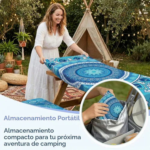 Vista 6 de Funda de mesa de picnic con fundas para bancos Esenciales de camping Mantel de picnic impermeable y a prueba de viento con bolsa de cordón, funda