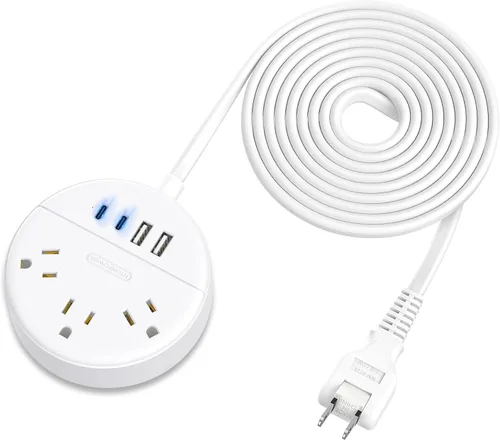 Vista 8 de NTONPOWER - Cable de extensión plano de 25 pies, regleta de alimentación de enchufe plano con 3 tomas, 4 puertos USB (2 USB C), cable de extensión