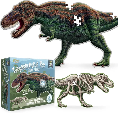 Vista 9 de Ankylosaurus - Rompecabezas de dinosaurio Rompecabezas de piso de doble cara de 100 piezas con esqueleto que brilla en la oscuridad en el otro