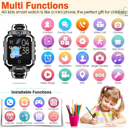 Vista 6 de Reloj 4G para niños, teléfono T10, divertido reloj inteligente con pantalla de rotación de 360°, cámara dual para niños y niñas, IP67, impermeable