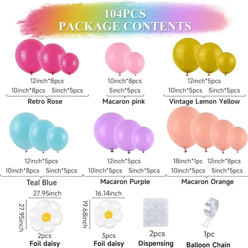 Vista 2 de Kit de arco de globos pastel, guirnalda de arco de globos de margaritas con globos de látex de arco iris rosa macarrón, azul, morado, amarillo