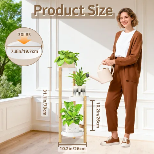 Vista 5 de LASZOLA Soporte de bambú blanco de 3 niveles resistente para plantas en interiores, estante vertical alto de múltiples niveles para esquina estrecha