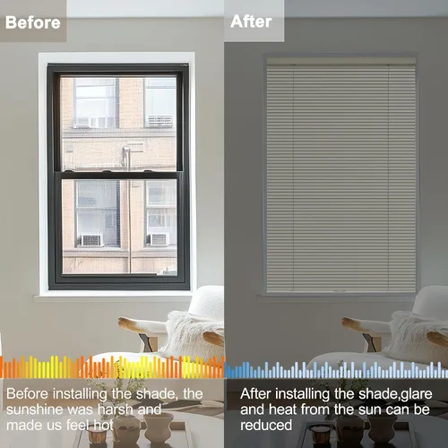 Vista 6 de Persianas inalámbricas de aluminio mini para ventanas de 1 pulgada, persianas metálicas oscurecedoras horizontales para ventanas venecianas Beige