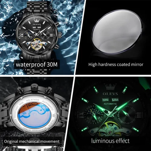Vista 4 de OLEVS Automatic Watches for Men Luxury Skeleton Multi-Function Mechanical Watch Self Winding Date Waterproof Luminous Mens Watch