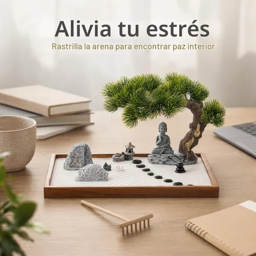 Vista 2 de dgudgu Zen Garden Kit - Mini Jardin Zen Garden para escritorio con accesorios en forma de Buda, 14 x 10 pulgadas