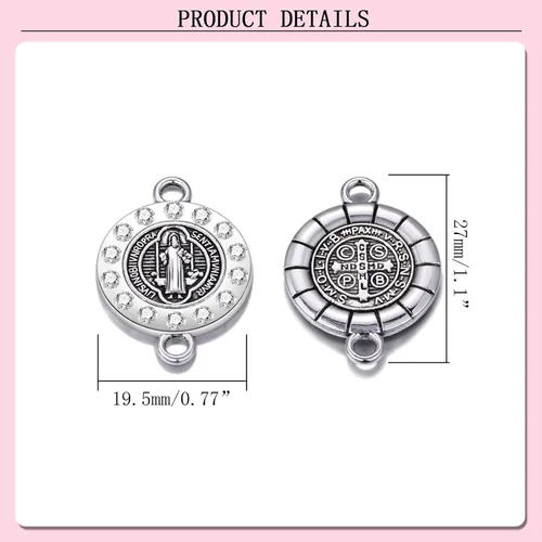 Vista 2 de 20 piezas de diamantes de imitación de plata antigua para uso religioso de San Benito Medallón de Pulsera Conector de Cuentas Redondas de Enlace